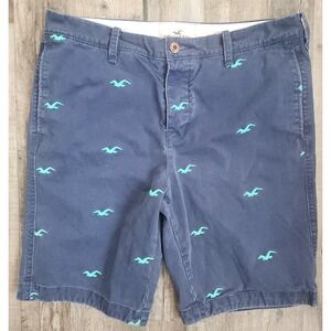 Hollister Chino Shorts Mens 36 Blue Embroidered Seagull Logo Preppy Casual